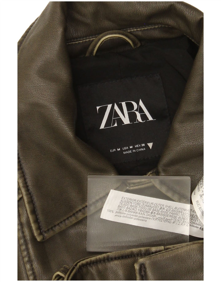 Zara Chaqueta Motera Corta De Piel Sintética Para Mujer UK 44 Poliéster Verde Medio