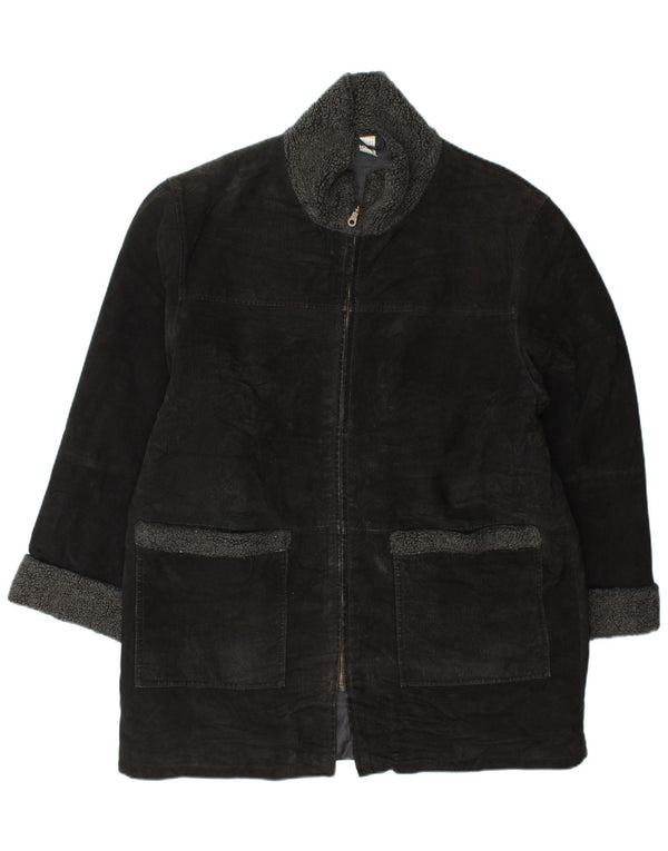 VINTAGE Abrigo de ante para mujer Reino Unido 18 XL Cuero negro