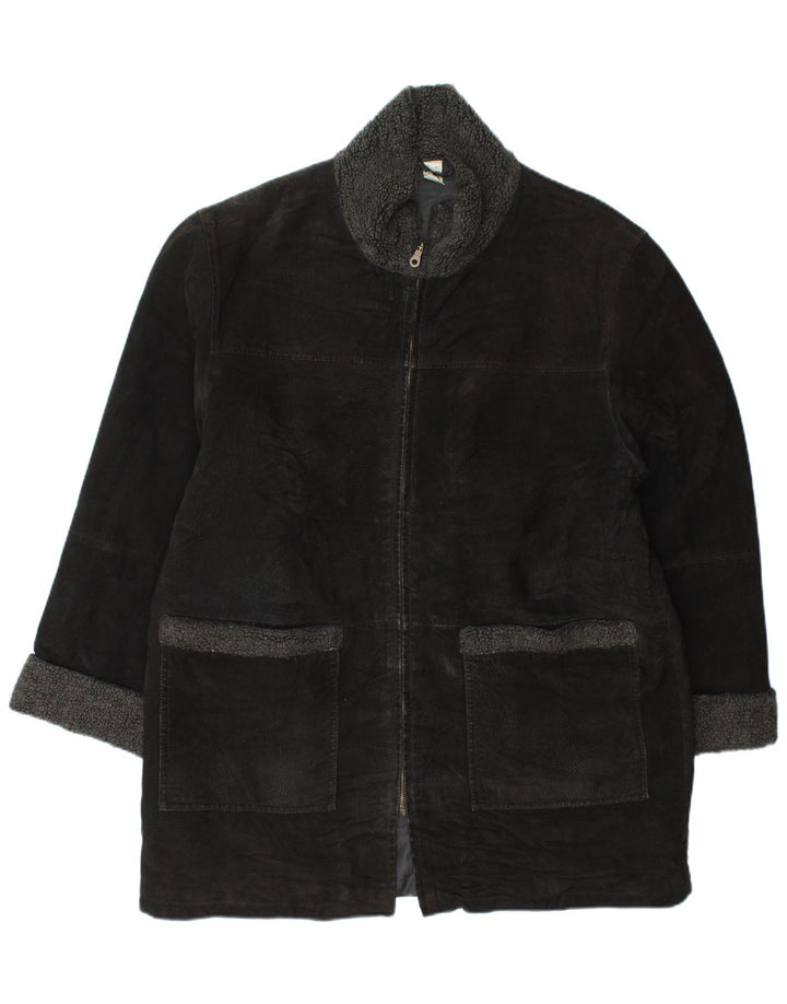 VINTAGE Abrigo de ante para mujer Reino Unido 18 XL Cuero negro