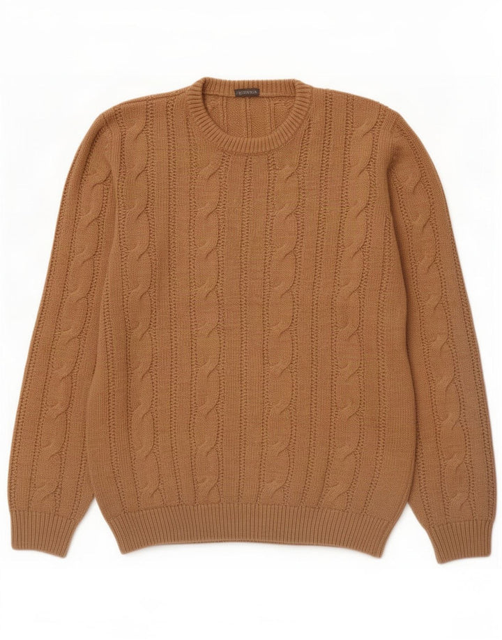 Vintage hombres cuello redondo jersey suéter medio marrón acrílico