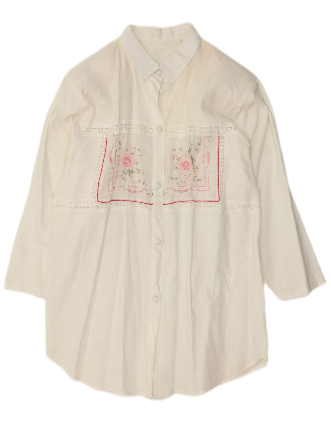 VINTAGE Mujer 3/4 Manga Camisa Blusa Reino Unido 14 Medio Blanco Floral