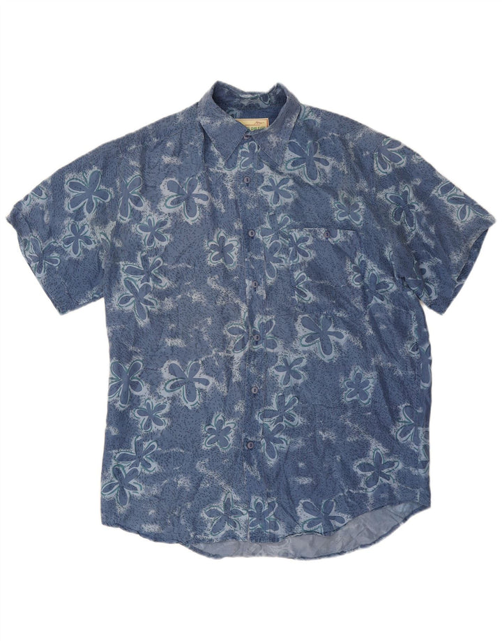 James Dillon Camisa de manga corta para hombre Seda floral azul pequeña