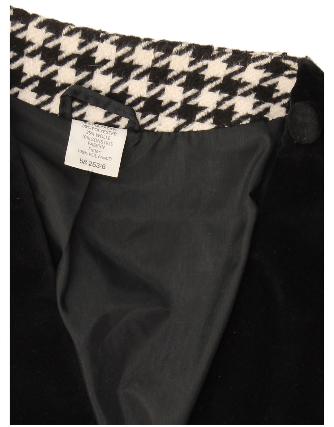 Vintage mujer doble pecho abrigo Reino Unido 20 2XL negro Houndstooth poliacrílico