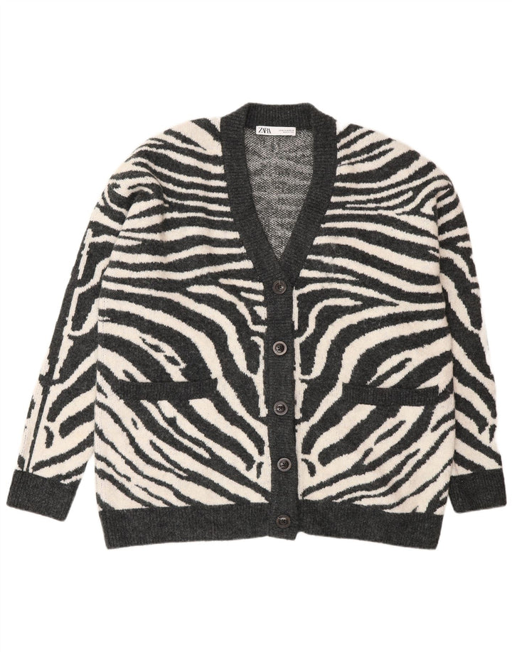 Zara Mujer Suéter Cárdigan Extragrande UK 44 Gris Medio Estampado Animal