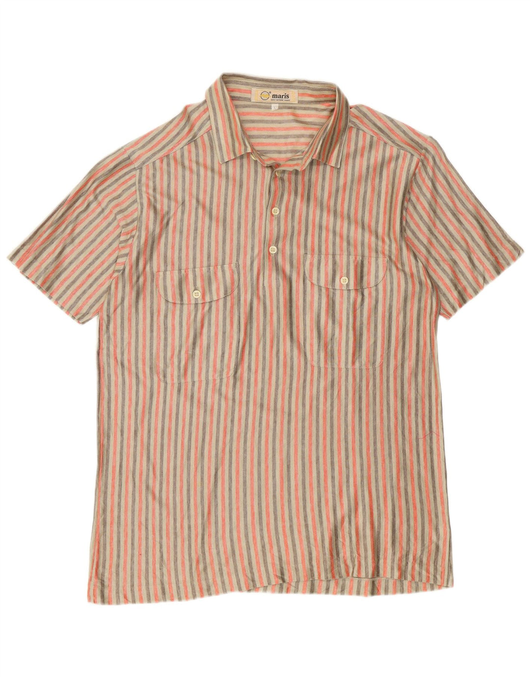 Vintage hombres manga corta pullover camisa grande beige rayas algodón