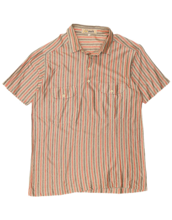 Vintage hombres manga corta pullover camisa grande beige rayas algodón