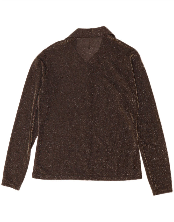 VINTAGE Blusa camisa mujer Reino Unido 14 Poliéster marrón medio
