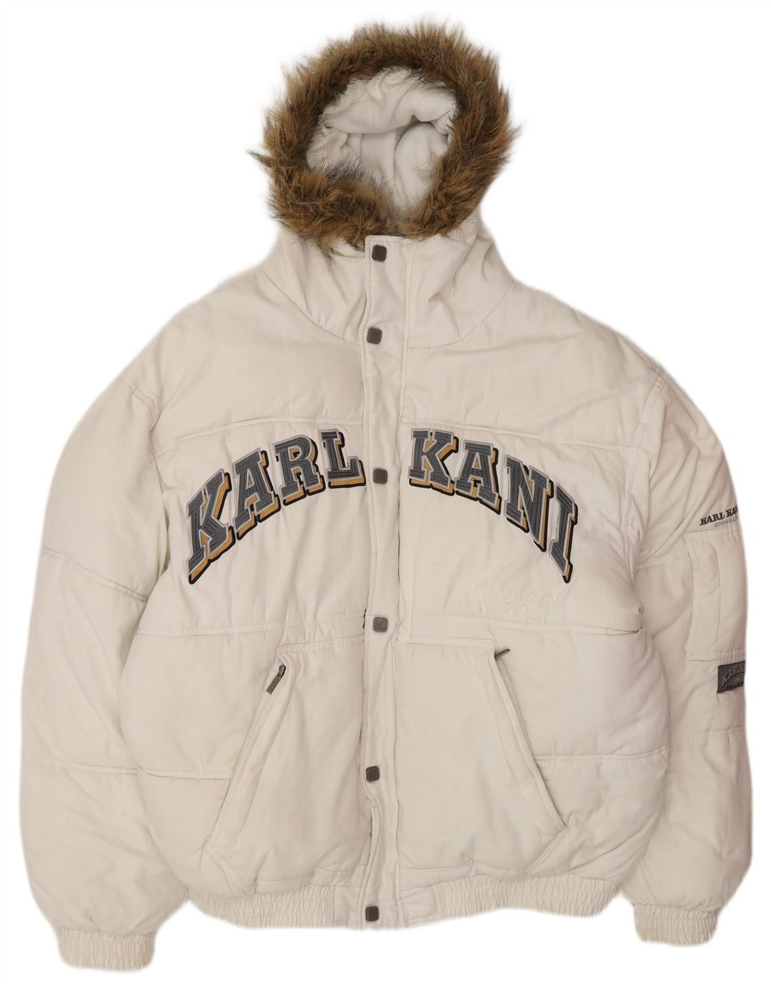 KARL KANI Chaqueta acolchada con capucha y gráfico para hombre UK 44 2XL Poliéster blanco