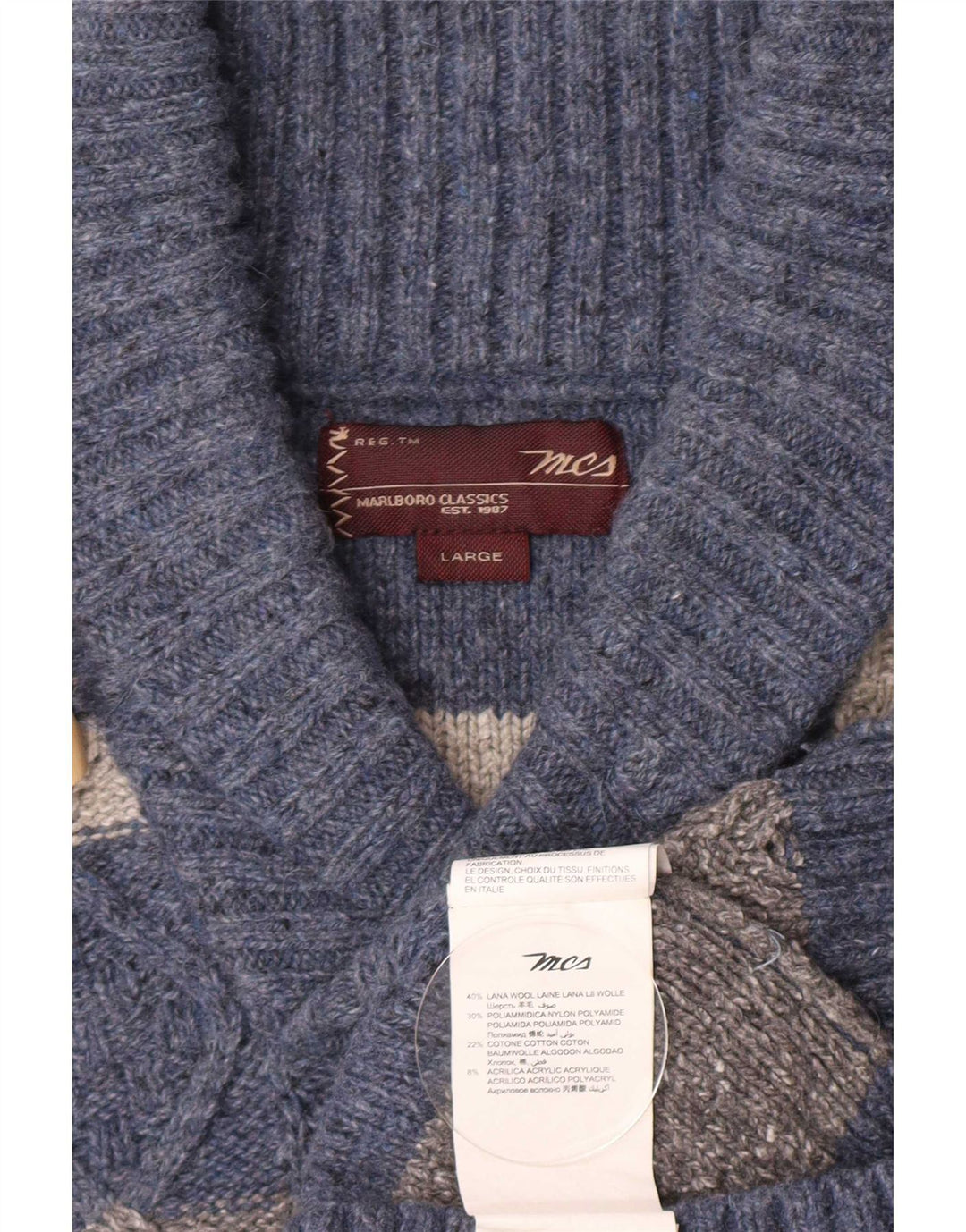 Marlboro Classics - Jersey para hombre con cuello chal, lana a rayas, color azul grande