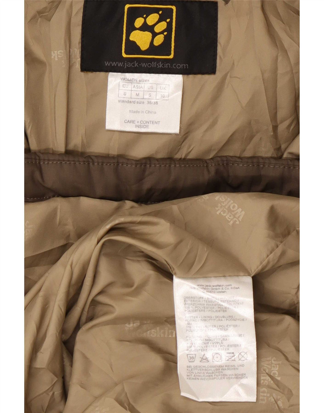 Jack Wolfskin Abrigo acolchado con capucha para mujer UK 10 Small Caqui Poliéster