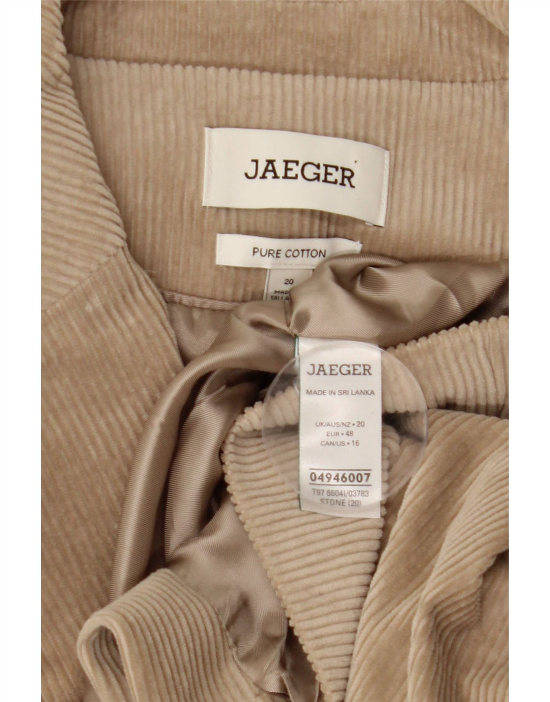 JAEGER Chaqueta tipo blazer de pana con 1 botón para mujer UK 20 2XL Algodón beige