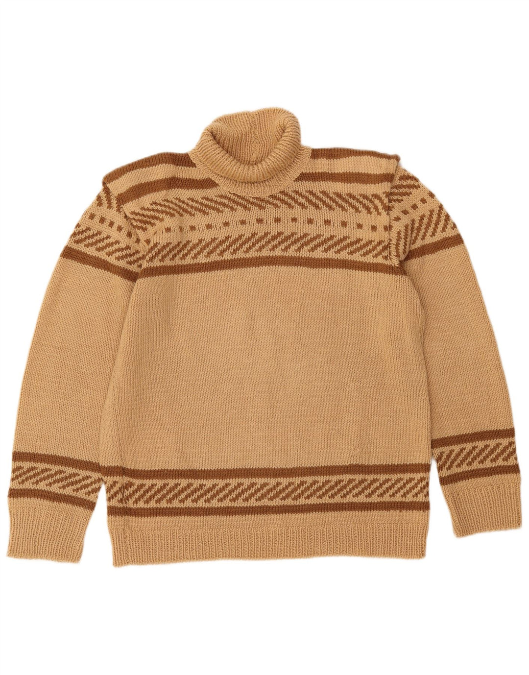 VINTAGE Mujer Roll Neck Jumper Suéter Reino Unido 16 Grande Beige Rayas