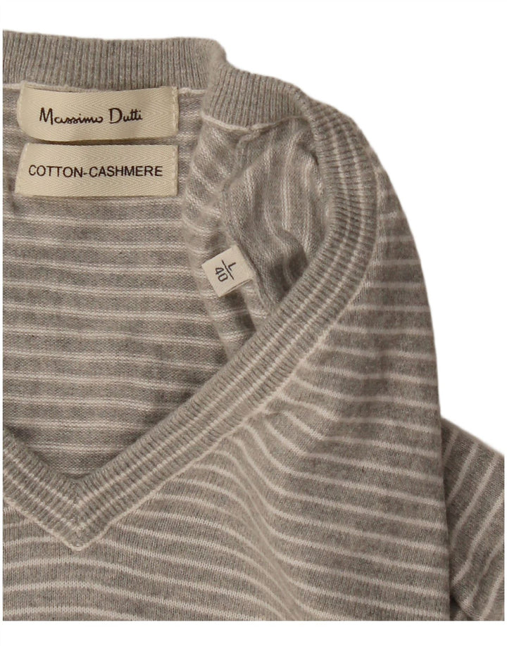 MASSIMO DUTTI Jersey Con Cuello En V Hombre Large Algodón Rayas Gris