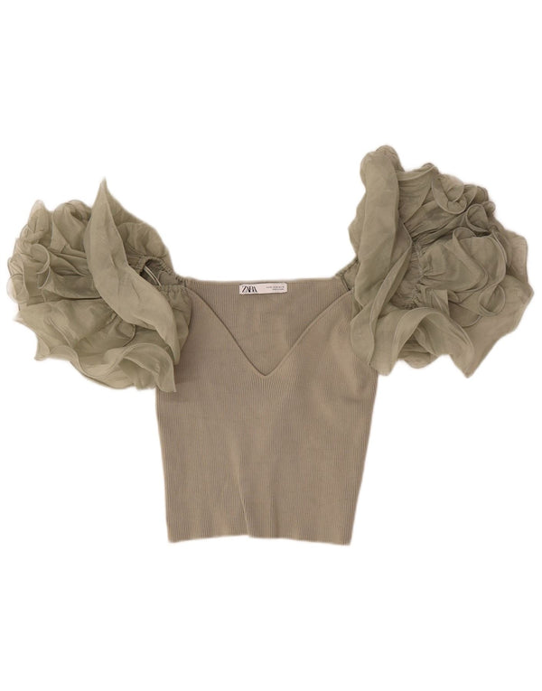 Zara Blusa corta para mujer UK 42 Medium Beige Viscosa