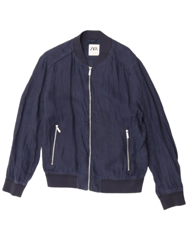Zara Mens Bomber Jacket UK 40 Large Lino Azul Marino