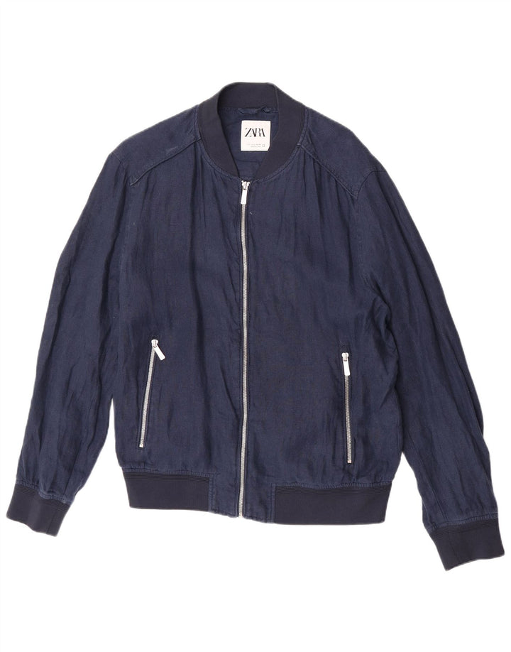Zara Mens Bomber Jacket UK 40 Large Lino Azul Marino