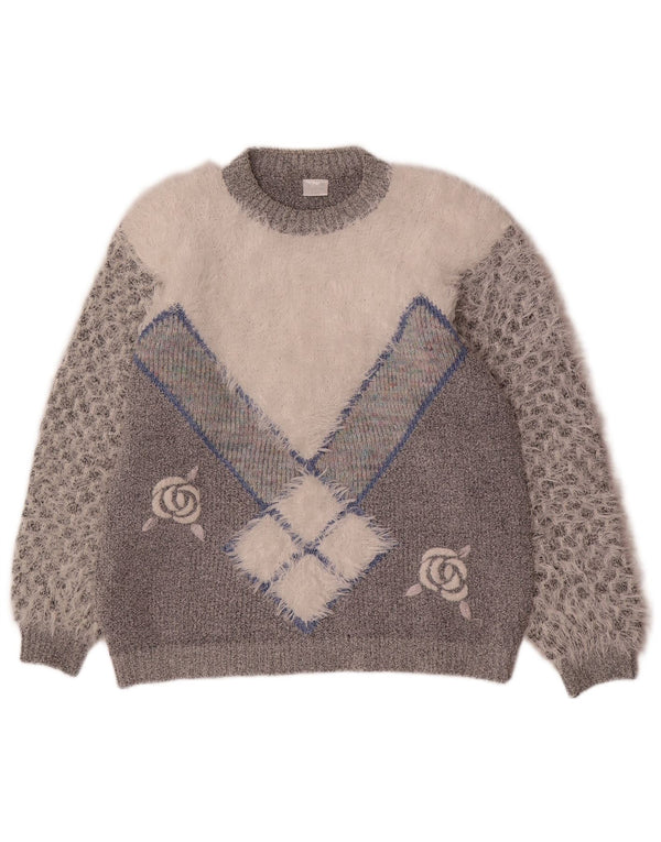 Vintage mujer cuello redondo jersey suéter Reino Unido 20 2XL gris colorblock acrílico