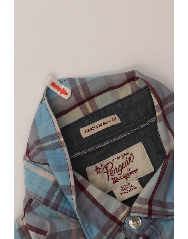 Camisa de corte slim Heritage de Penguin para hombre de algodón a cuadros azules grandes