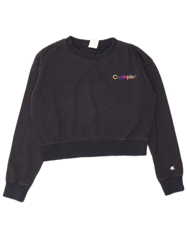 Champion Womens Crop Graphic Sweatshirt Jumper UK 16 Large Navy Blue