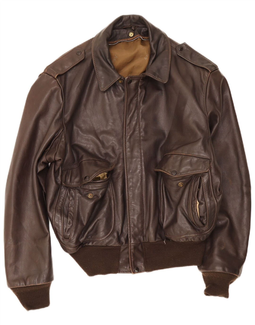 Vintage hombres militar cuero bomber chaqueta Reino Unido 38 marrón medio