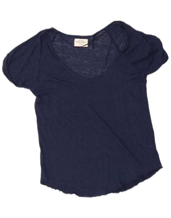 Zara Camiseta Mujer Top UK 40 Grande Lino Azul Marino