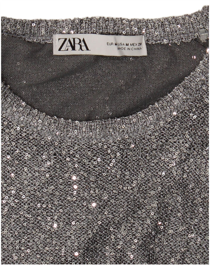 Zara - Jersey con cuello redondo para mujer, talla 40, talla mediana, color plateado