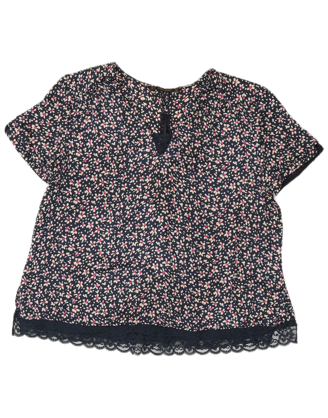 ZARA Blusa Mujer Top UK 40 Grande Azul Marino Floral