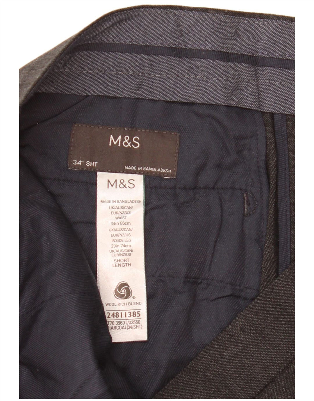 Marks & Spencer Pantalón de traje recto corto para hombre W34 L25 Lana gris