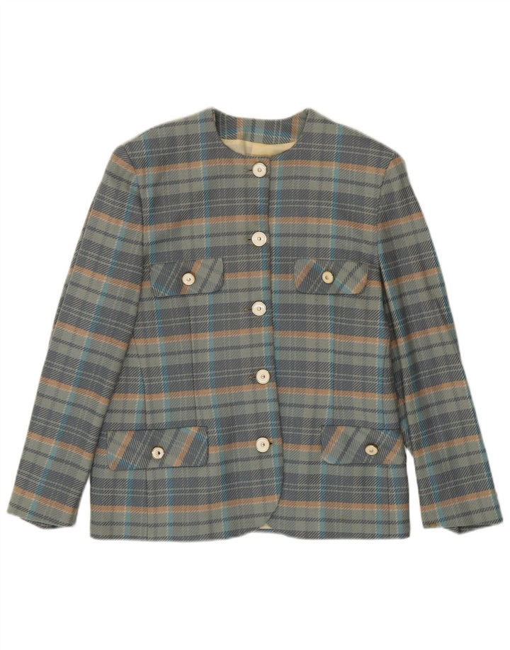 Vintage mujer 5 botones Blazer chaqueta IT 44 lana de cuadros azul medio