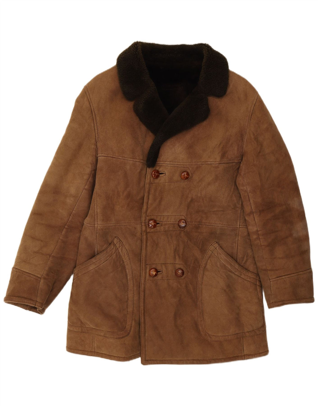 Vintage hombres doble pecho shearling chaqueta Reino Unido 36 pequeño marrón