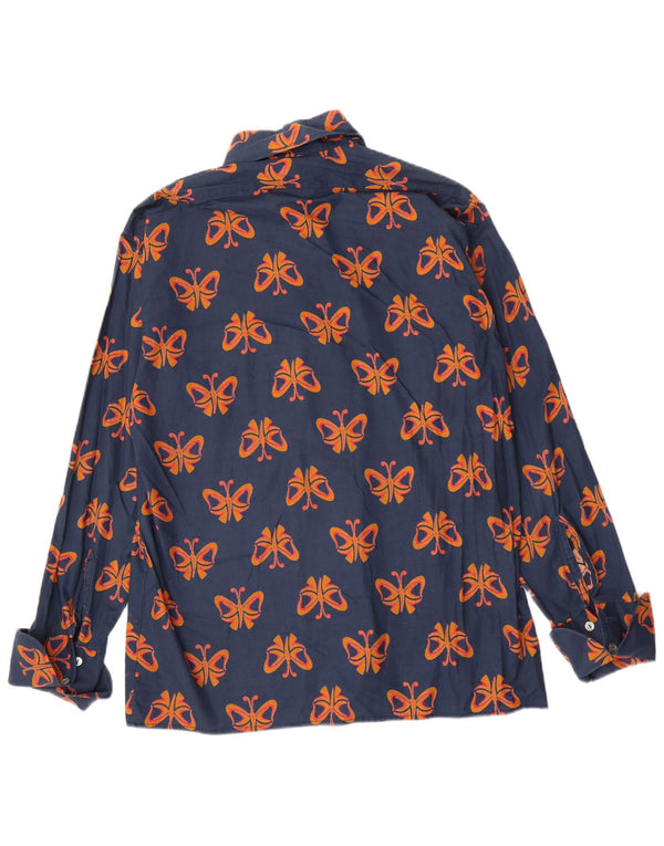 Camisa vintage para hombre con estampado abstracto, mariposa grande de algodón azul marino