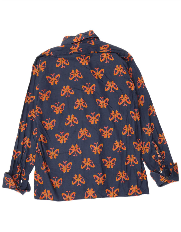 Camisa vintage para hombre con estampado abstracto, mariposa grande de algodón azul marino