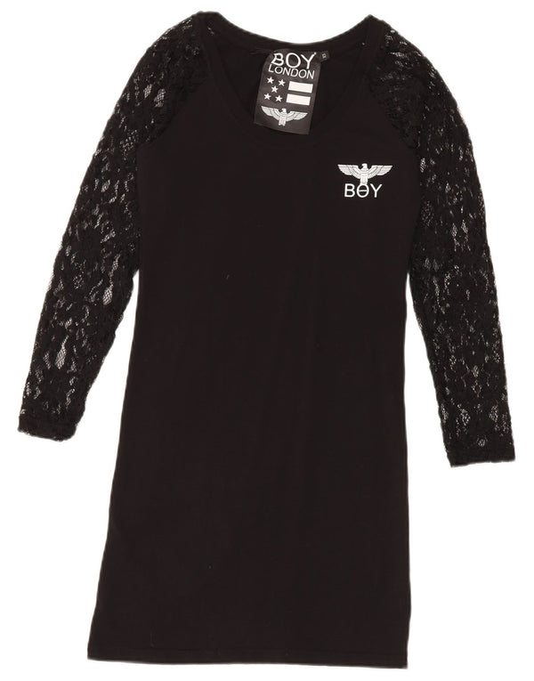 Boy London Vestido estilo camiseta de encaje de manga larga para mujer UK 6 XS Negro Floral