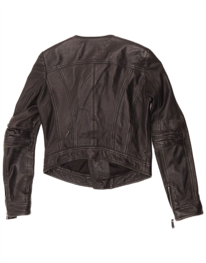 Max Mujer Crop Biker Chaqueta De Cuero UK 12 Medium Cuero Negro
