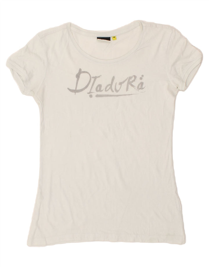 DIADORA Womens Graphic T-Shirt Top UK 12 Medium White Vintage Diadora and Second-Hand Diadora from Messina Hembry 
