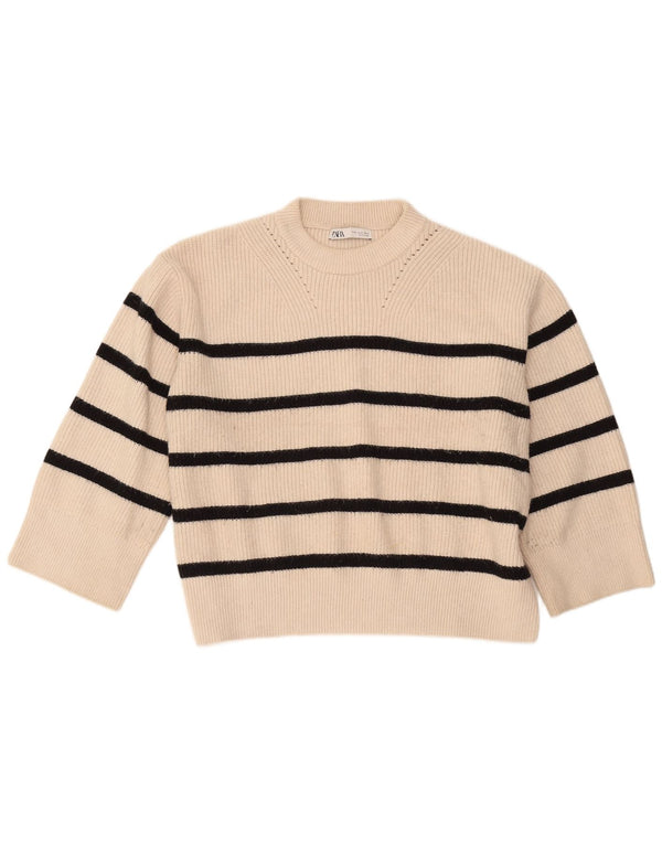 Zara Jersey de manga 3/4 con cuello redondo para mujer UK 40 XL Off White Stripes