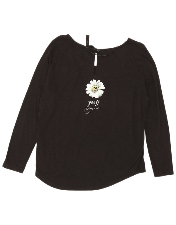 Desigual Top gráfico extragrande para mujer, manga larga, UK 10, pequeño, algodón negro