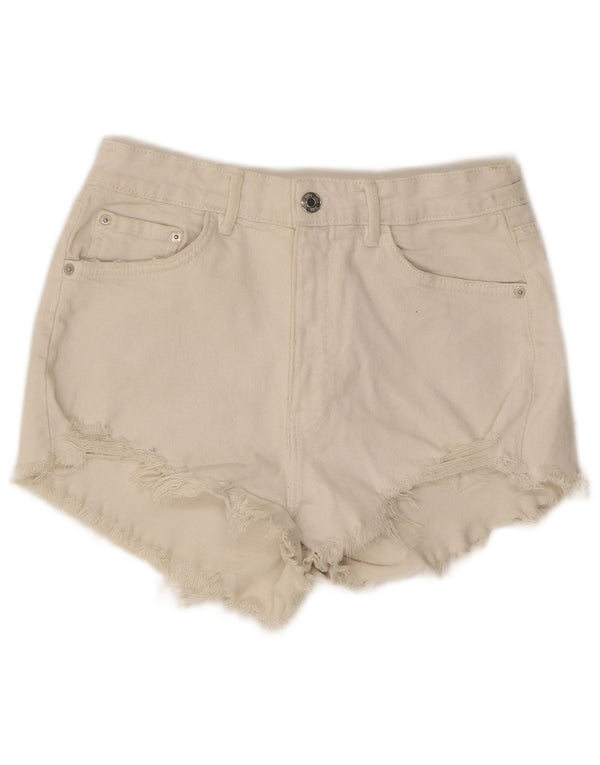 Zara Shorts De Mezclilla De Cintura Alta Para Mujer EU 38 Small W28 Algodón Blanco Roto