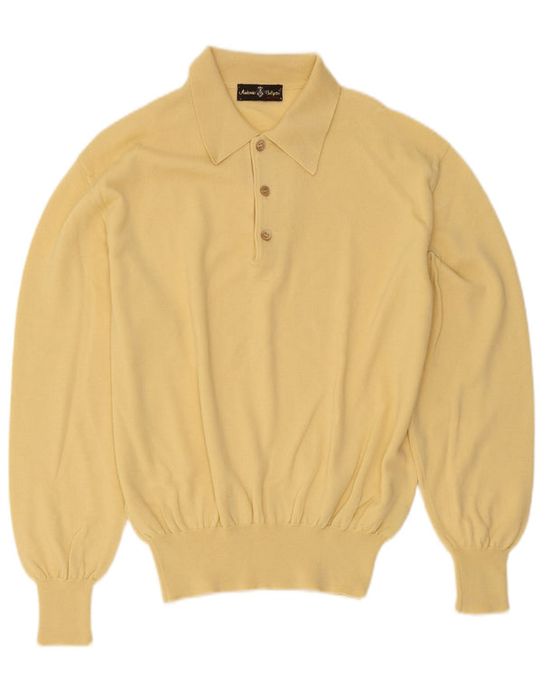 Vintage hombres polo cuello jersey suéter medio amarillo lana