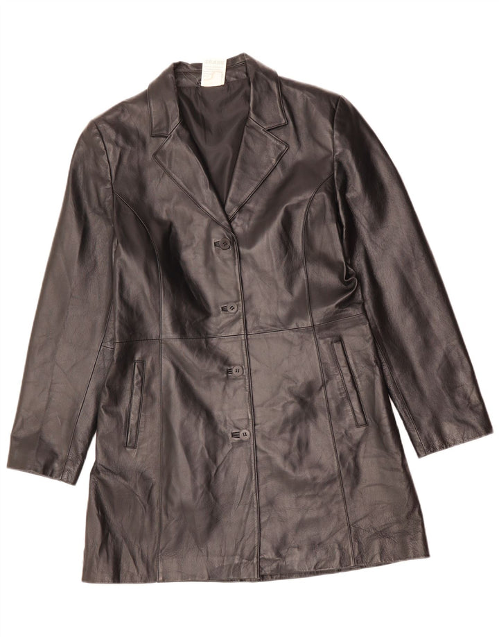 Vintage mujer cuero abrigo Reino Unido 14 poliéster negro grande