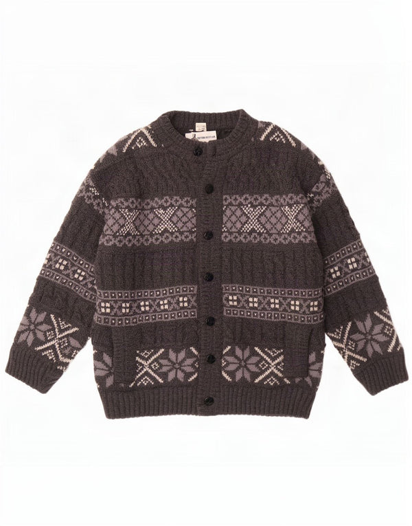 Vintage hombres Cardigan suéter grande gris Fair Isle lana