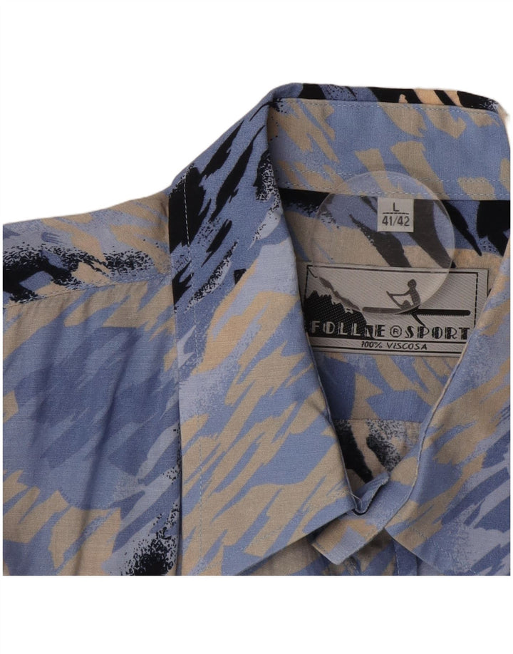 FOLLIE Camisa de manga corta con estampado abstracto para hombre, talla 41/42, grande, azul