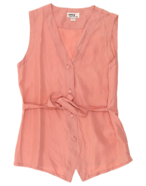 Vintage mujer camisa sin mangas blusa Reino Unido 14 seda rosa grande