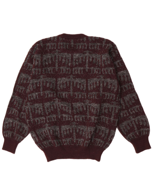 Hemmond Mens Crew Neck Jumper Sweater Medium Burgundy Geometric Virgin Wool