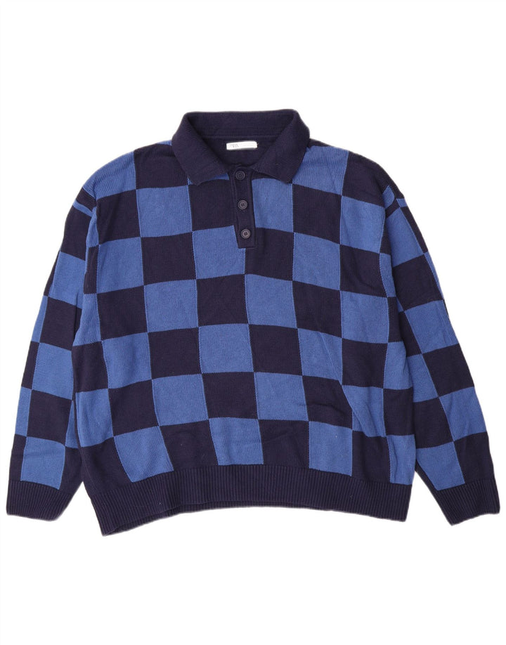ZARA Hombre Polo Neck Jumper Jersey Grande A Cuadros Azul Algodón