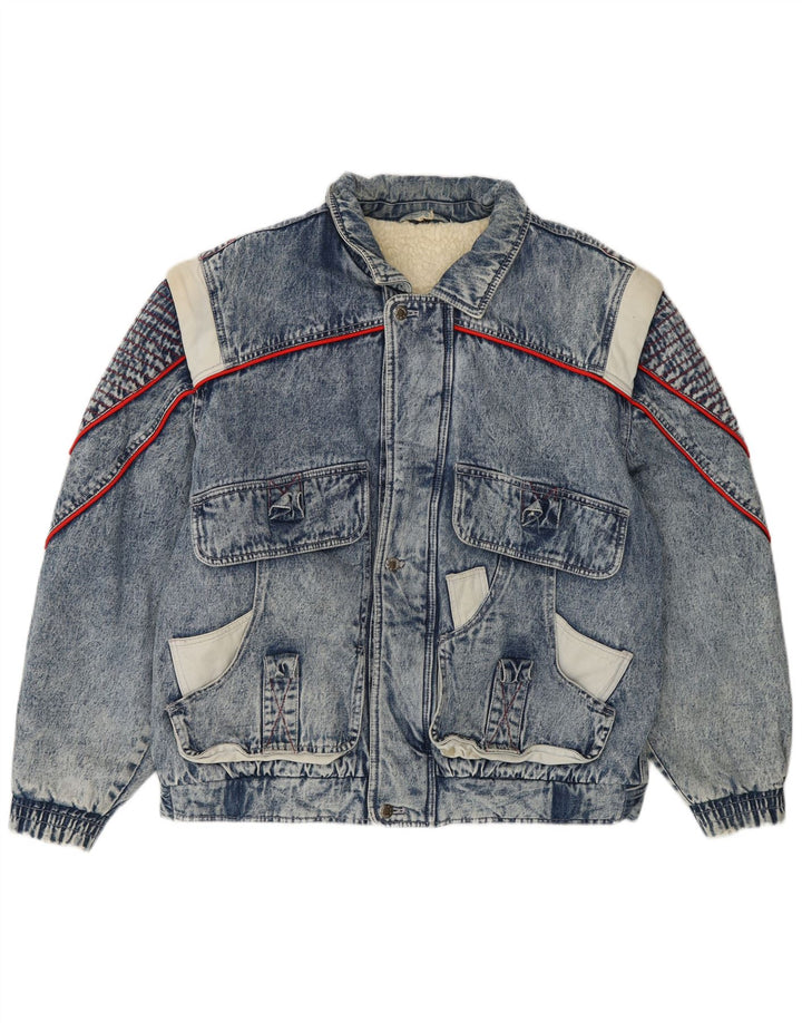 Vintage Hombre Sherpa Denim Chaqueta IT 48/50 Azul Medio Colorblock Algodón