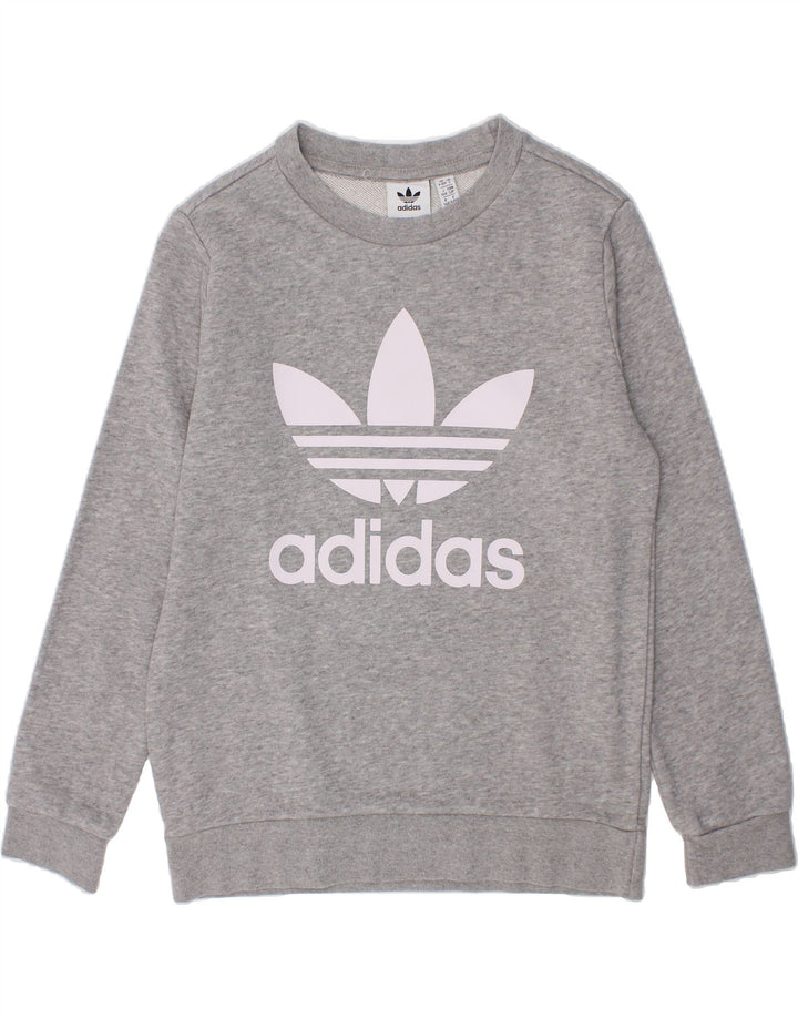 ADIDAS Boys Graphic Sweatshirt Jumper 9-10 Years Grey Vintage Adidas and Second-Hand Adidas from Messina Hembry 