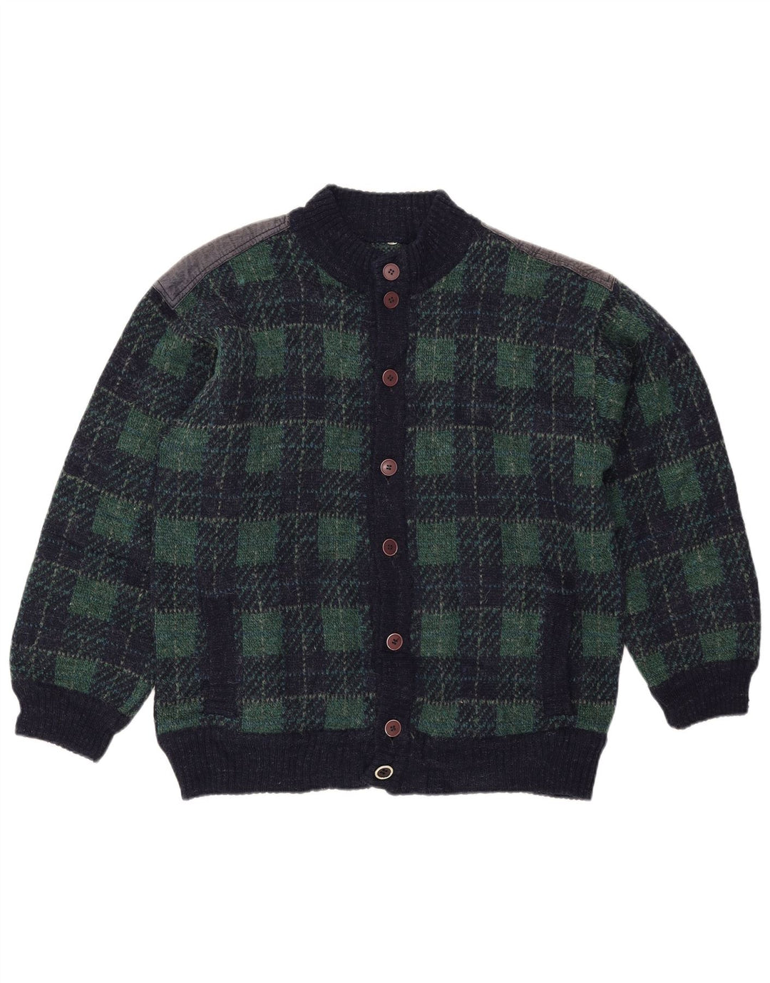 Vintage hombres Cardigan suéter IT 54 XL azul marino comprobar lana