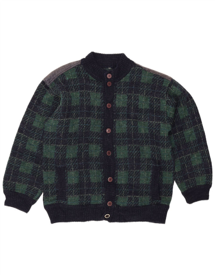 Vintage hombres Cardigan suéter IT 54 XL azul marino comprobar lana