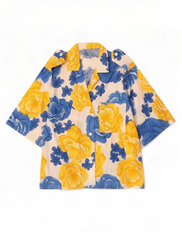Vintage mujer manga corta camisa militar Reino Unido 16 grande multicolor floral